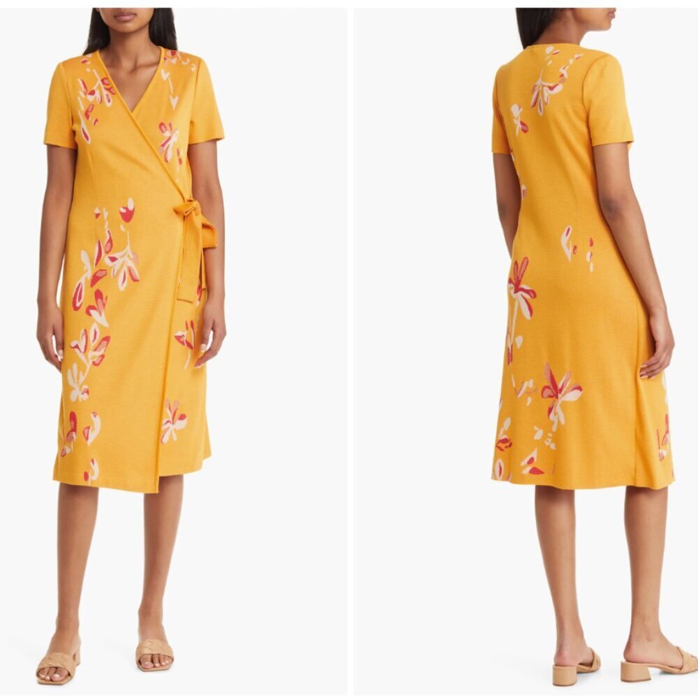 Misook Floral Embroidered Knit Midi Wrap Dress Womens Medium